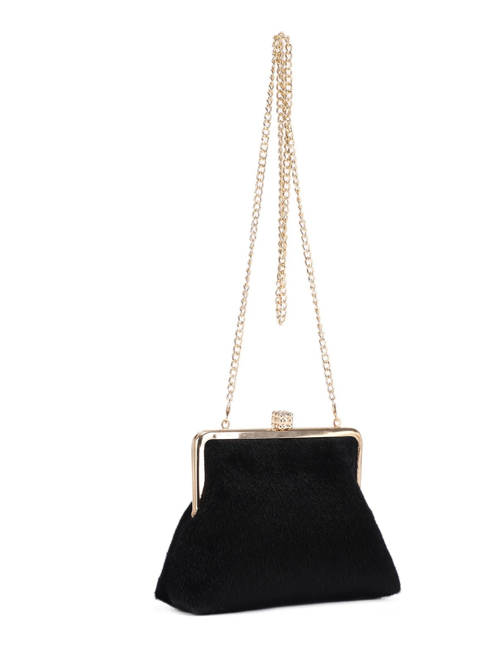 Black Faux-Fur Evening Clutch with Gold Chain